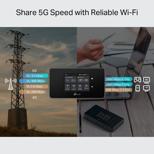 Tp-Link M8550 5G Mobile Wi-Fi, 3.4Gbps, Wi-Fi 6E, Gbe, Sim Slot, 4680 Mah, 3Yr