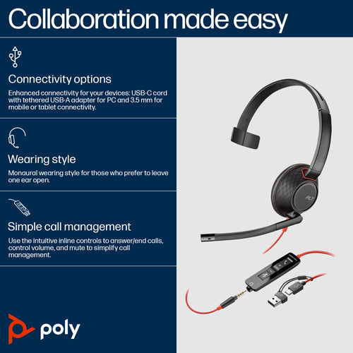 HP Poly Blackwire C5210 Uc Mono Usb-C Corded Headset,3.5Mm Inc Usb-A Adaptor