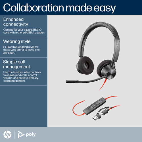 HP Poly Blackwire 3320, Ms, Stereo, Corded Headset, Including Usb-A Adaptor