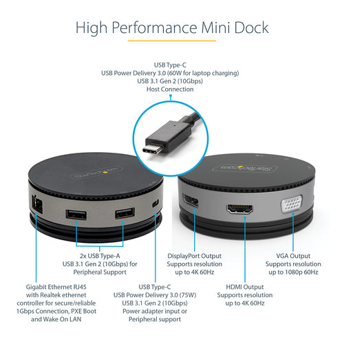 Startech Usb-C Multiport Adapter - Hdmi/Dp/Vga/Gbe/Usb/Usb-C, Single Display, 60W, 3Yr