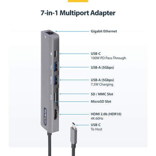 Startech Usb-C Multiport Adapter - Hdmi, Gbe, Sd, Micro Sd, Usb-C, Usb(2), 88W, 3Yr
