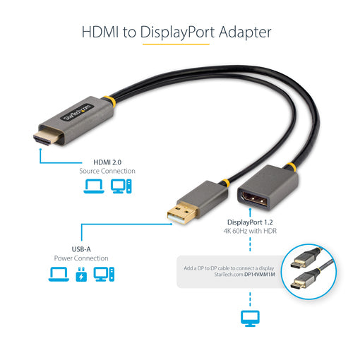 Startech 1Ft (30Cm) HDMI To Displayport Adapter Cable, Active 4K 60Hz HDMI 2.0 To Dp 1.2 C