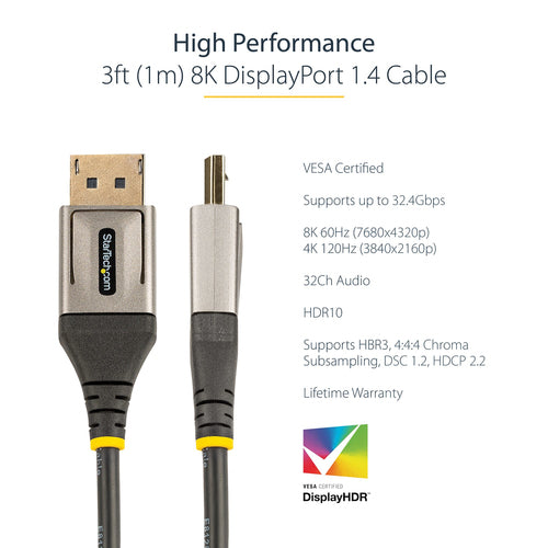 Startech 3Ft (1M) Vesa Certified Displayport 1.4 Cable - 8K 60Hz Hdr10 - Ultra Hd 4K 120Hz