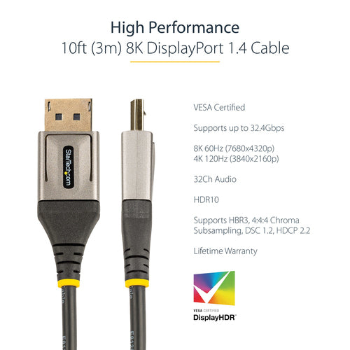 Startech 3M Display 1.4 Cable, 8K 60Hz, 4K 120Hz, Hdr, Vesa Certified, Black