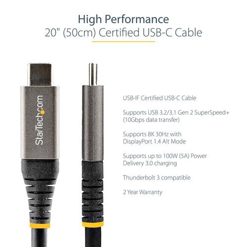 Startech 50Cm Usb-C Cable 10Gbps (Usb 3.1 Gen 2) - 100W/5A, Dp Alt Mode 2Yr