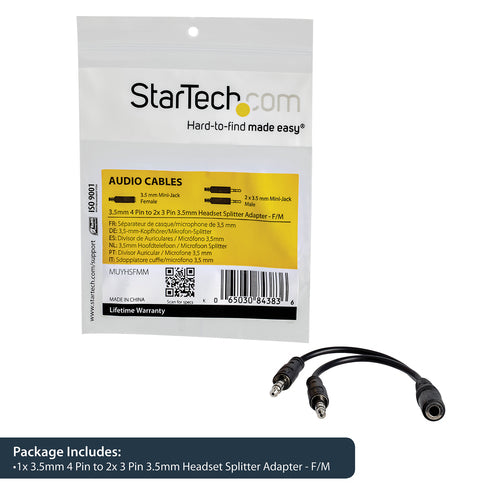 Startech 3.5Mm Stereo Splitter Cable, 4-Position To 2X 3-Position, F To M, Ltw