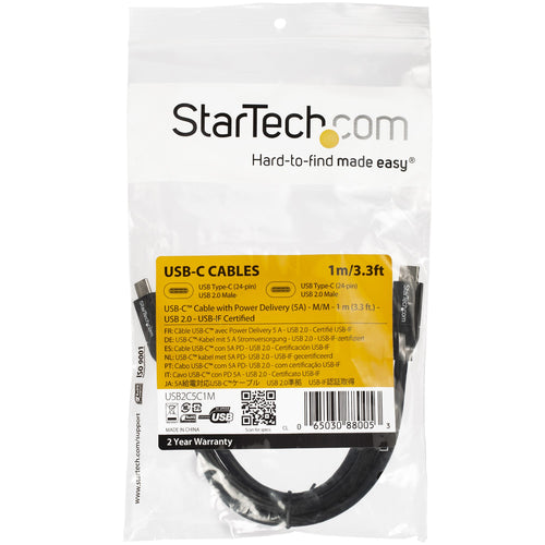 Startech 1M 3Ft USB C To USB C Cable - 5A Pd - USB 2.0 Usb-If Certified 2 Yr