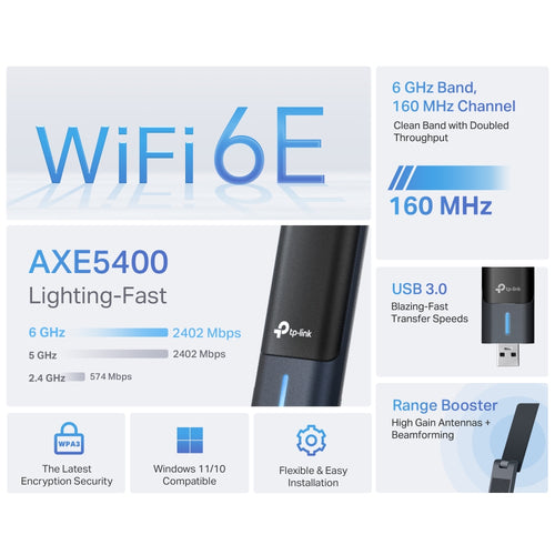 Tp-Link Archer Axe5400 Wi-Fi 6E Tri-Band USB 3.0 Adapter, High Gain, 3Yr