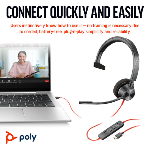HP Poly Blackwire 3310, Uc, Mono Usb-C Corded Headset, Including Usb-A Adaptor