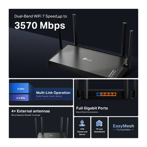 Tp-Link Archer Be3600 Wi-Fi 7 Dual-Band Router, Easymesh, Gbe(4), 3Yr