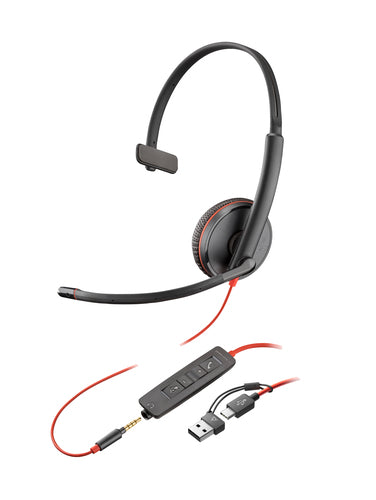 HP Poly Blackwire C3215 Uc Mono Usb-C Corded Headset, 3.5Mm Incl Usb-A Adaptor