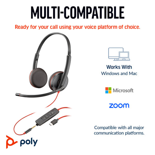 HP Poly Blackwire C3225 Uc Stereo Usb-C Corded Headset, 3.5Mm & Usb-C/A Adaptor- Soft Pack