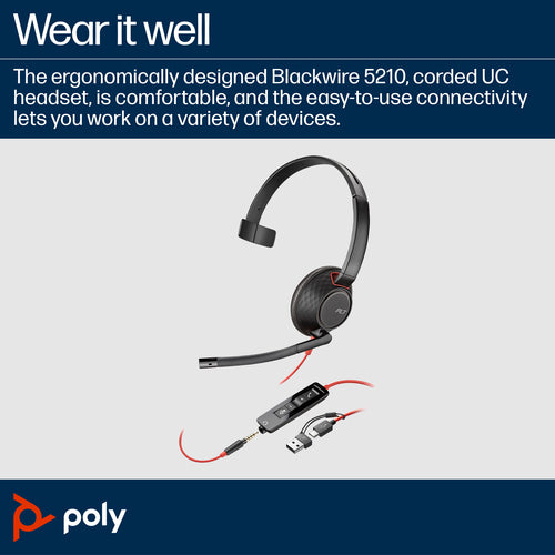 HP Poly Blackwire C5210 Uc Mono Usb-C Corded Headset,3.5Mm Inc Usb-A Adaptor