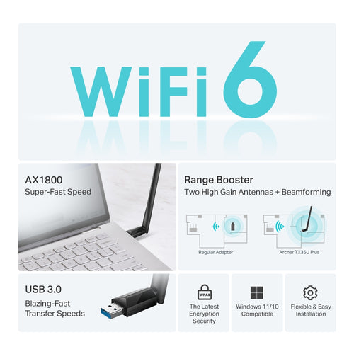 Tp-Link Archer Ax1800 Wi-Fi 6 Dual-Band USB 3.0 Adapter, High Gain, 3Yr