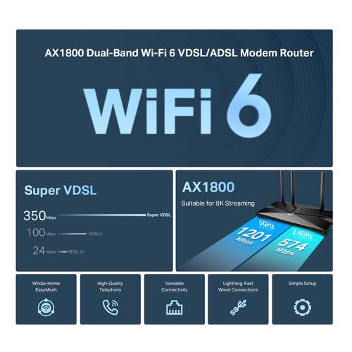 Tp-Link Archer Ax1800 Vdsl/Adsl Wi-Fi 6 Dual-Band Modem Router, Vdsl2, Gbe(4), 3Yr
