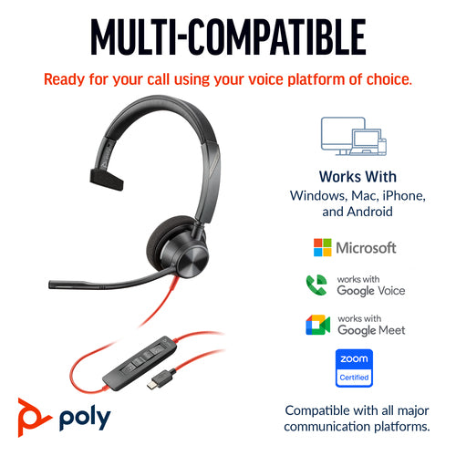 HP Poly Blackwire 3310 Ms Mono Usb-C Corded Headset, Including Usb-A Adaptor