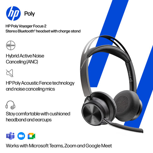 HP Poly Voyager Focus 2 Uc Bt Stereo Anc Usb-C Bt700 Dongle W/Charge Stand Incl Usb-A Adap