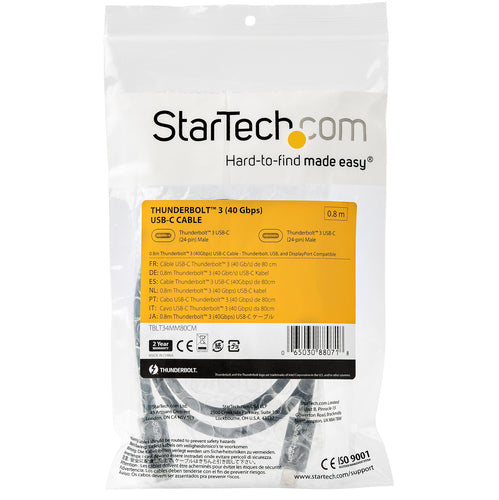 Startech 0.8M Tb3 Cable, 40Gbps, 100W, 4K/5K, 2Yr