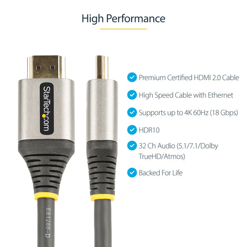 Startech 3Ft (1M) Premium Certified HDMI 2.0 Cable, High Speed Ultra Hd 4K 60Hz HDMI Cable
