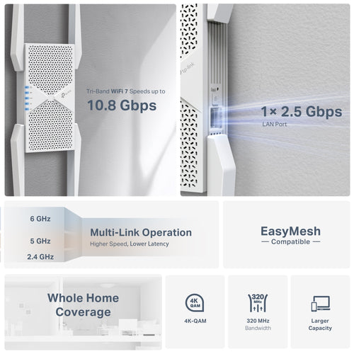 Tp-Link Be9300 Tri Band Wi-Fi 7 Range Extender, Easymesh, 2.5 Gbe(1), Ant (4), 3Yr