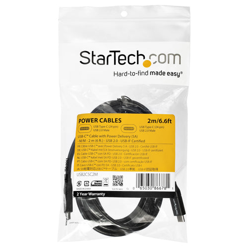 Startech 2M Usb-C 2.0 Cable, 5A Pd, TB 3 Compatible, Black, 2Yr