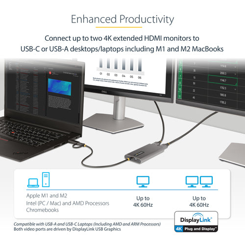 Startech Usb-C To Dual-Hdmi Adapter - Usb-C Or A To 2X HDMI - 4K 60Hz - 100W Power Deliver
