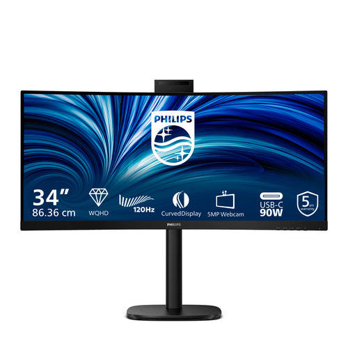 Philips 34" Curve Monitor, Wqhd Va, Hdmi(2), Dp, Usb(5), Usb-C, Lan, Kvm, Wcam, 4Yr