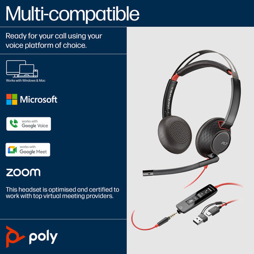 HP Poly Blackwire C5220 Uc Stereo Usb-C Corded Headset, 3.5Mm Inc Usb-A Adaptor