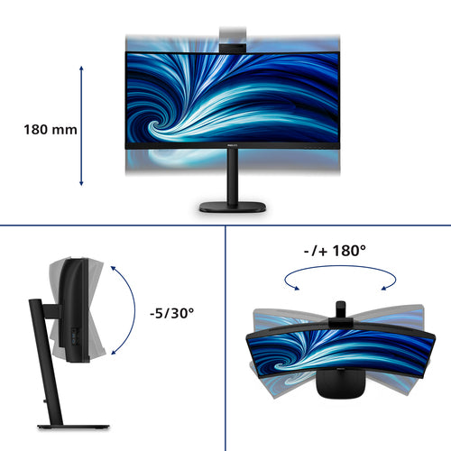 Philips 34" Curve Monitor, Wqhd Va, Hdmi(2), Dp, Usb(5), Usb-C, Lan, Kvm, Wcam, 4Yr