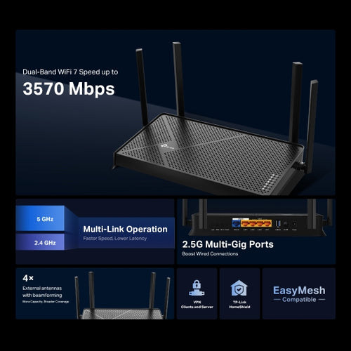 Tp-Link Archer Be3600 Wi-Fi 7 Dual-Band Router, Easymesh, 2.5Gbe(2), Gbe(3), 3Yr