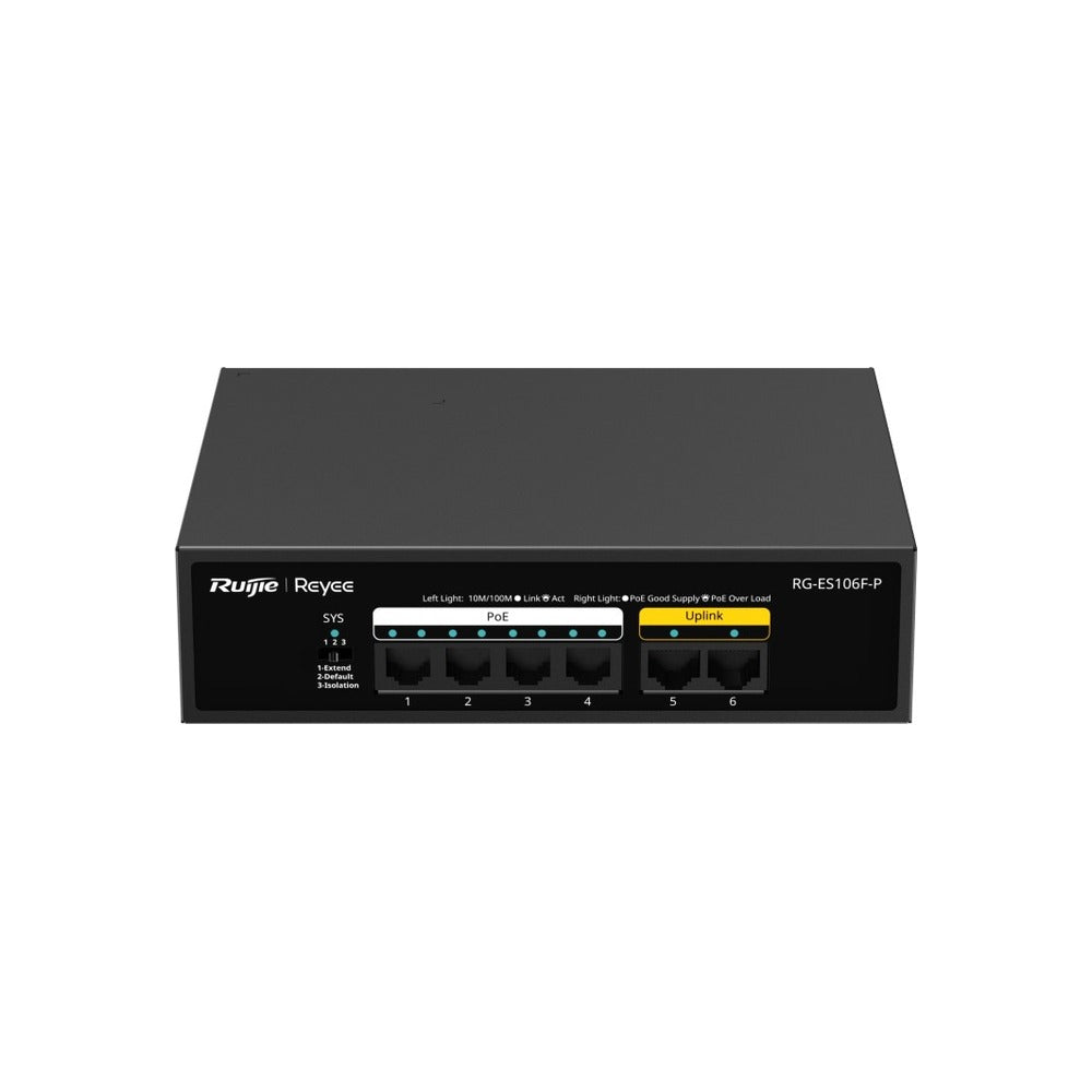 Ruijie Reyee 6P 10/100Mbps Unmanaged Fanless Switch-Poe (4 Ports) (54W)-Metal Casing